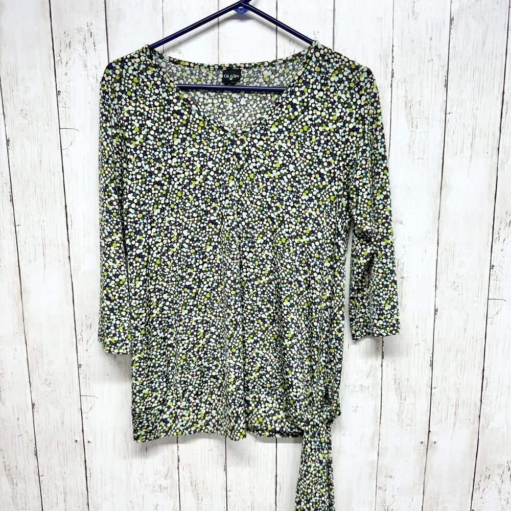 Olian Top Women Size Long Sleeve Multi Colored Polka Dot Side Tied Shirt‎ Swoop